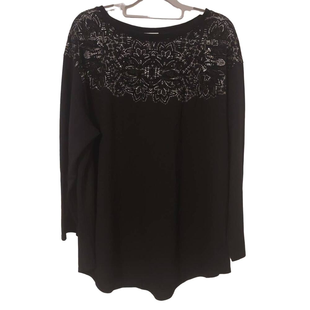 Ava & Viv Black Silver Mesh Chest Womens Blouse 2X